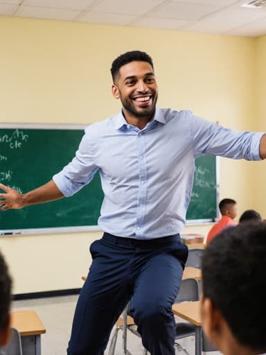 30대 라틴계 남성이 활기차고 자신감 있는 모습으로, 편안한 교사 복장인 셔츠와 슬랙스를 착용한 전신 샷입니다. 그는 밝고 넓은 강의실에서 학생들과 상담을 위해 점프하며 활기차게 소통하고 있습니다. 행복한 표정은 긍정적인 에너지를 발산하며, 학습 공간과 자연스럽게 연결된 모습을 보여줍니다.