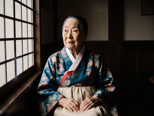 80대 동양인 여성의 반신 촬영, 화려한 전통 한복을 입고 지루한 표정을 지으며 긴 치마를 잡고 있는 모습이 아늑한 카페 창가에서 기다리고 있는 느낌을 줍니다.