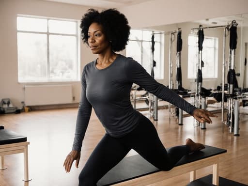 필라테스 스튜디오에서 긴 소매의 상의와 레깅스를 입고 필라테스 매트 위에서 균형을 잡으며 춤추는 자세를 취하고 있는 40대 아프리카계 여성. 그녀는 집중한 표정을 짓고 있으며, 스튜디오는 밝고 다양한 필라테스 기구들이 배치되어 있어 에너제틱한 분위기를 자아냅니다.
