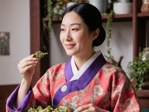 전통 한복을 입고 있는 30대 아시아계 여성의 반신 사진으로, 한 손에는 한약재를 들고 다른 손으로 음식을 먹으려는 자세를 취하며, 아늑한 전통 한의학 진료실에서 연구에 몰두하고 있는 모습입니다.