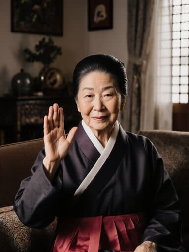 70세의 백인 여성이 전통 한복을 입고, 무관심한 표정을 지으며 아늑한 거실에서 전통 장식이 있는 배경에서 손을 살짝 흔드는 모습으로, 따뜻하고 초대하는 분위기를 연출합니다.