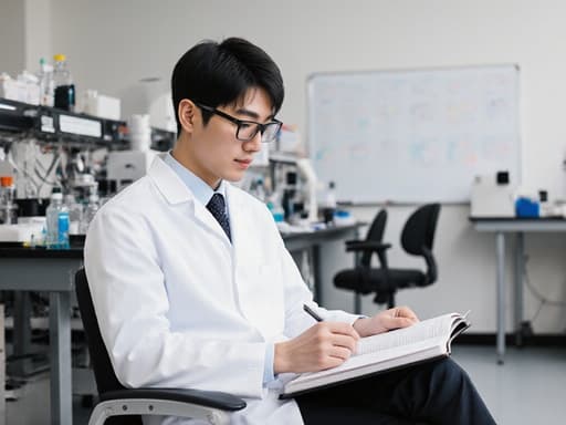30대 동양인 남성이 실험실 코트와 안경을 착용하고 현대적인 연구실에 앉아 연구 노트를 집중해서 바라보고 있는 모습. 첨단 장비와 화이트보드가 있는 배경이 그를 둘러싸고 있으며, 전문적이고 헌신적인 분위기를 전달합니다.