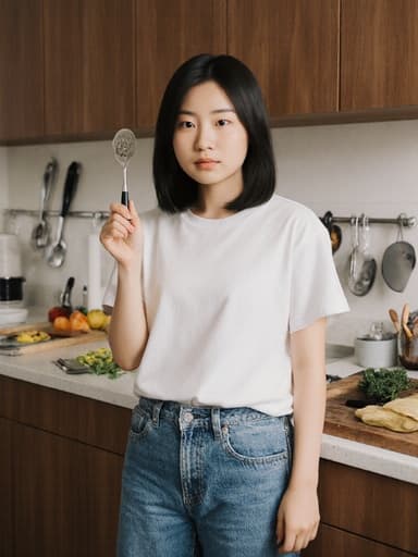 10대 초반의 아시아계 소녀가 편안한 티셔츠와 청바지를 입고 주방에 서 있습니다. 그녀는 자연스러운 외모와 무관심한 표정을 짓고 있습니다. 주방 도구를 손에 쥐고 인사하는 자세를 취하며, 배경에는 다양한 주방 도구와 재료들이 놓인 작업대가 보입니다. 따뜻하고 초대하는 홈쿡 분위기를 잘 나타내고 있습니다.