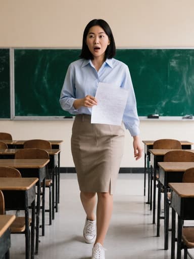 30대 아시아계 여성의 전신 사진으로, 깔끔한 블라우스와 스커트를 입고 편안한 운동화를 신은 채로 교실에서 시험지를 손에 들고 놀란 표정을 지으며 걷고 있습니다. 배경은 칠판과 책상으로 구성되어 있어 교육적인 분위기를 더합니다.