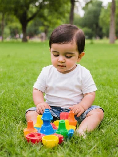 푸른 잔디 위에 앉아 있는 1세 남성 중동계 아기 소년의 반신 사진. 그는 편안한 반팔 티셔츠와 짧은 반바지를 입고 있으며, 졸린 표정을 지으며 앞에 있는 다양한 색상의 물놀이 장난감을 바라보고 있습니다. 배경은 푸르고 무성한 잔디와 나무들로, 어린 시절의 순수를 완벽하게 담아내는 평화롭고 재미있는 분위기를 만들어냅니다.