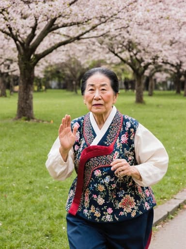 이 이미지는 전통 한복을 입은 70대 동양인 여성이 화려한 꽃이 만발한 공원 배경 속에서 걱정스러운 표정을 지으며 유연하게 달리는 모습을 보여줍니다.