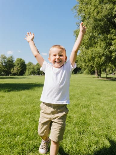아침 햇살 아래 공원에서 서 있는 7세 백인 남성의 전신 사진. 그는 편안한 티셔츠와 반바지, 운동화를 착용하고 있으며, 캐주얼하면서도 트렌디한 스타일을 보여줍니다. 소년은 팔을 올리고 몸을 좌우로 스트레칭하며 순수한 미소를 지으며 아침을 맞이하고 있습니다. 배경은 푸른 잔디와 나무들로 구성되어 있어 즐겁고 생기 넘치는 분위기를 자아냅니다.