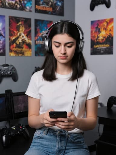 중동계 10대 여성이 편안한 티셔츠와 청바지를 입고, 헤드폰을 착용하고 스마트폰을 들고 있는 모습의 반신 사진입니다. 음악에 집중하면서 약간 찡그린 표정을 짓고 있습니다. 배경은 다양한 게임 포스터와 게임 기기들이 배치된 현대적인 게임방으로, 생동감 넘치고 몰입감 있는 분위기를 만들어냅니다.