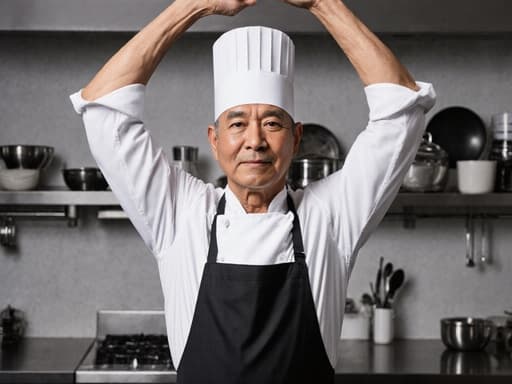 50대 혼혈 남성이 흰색 요리사 모자와 앞치마를 착용하고, 현대적인 주방에서 팔을 위로 뻗으며 스트레칭하고 있는 반신 사진, 전문성과 편안함을 전달합니다.