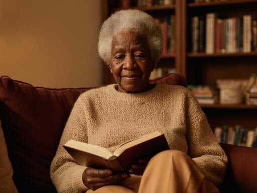 80대 아프리카계 여성이 자연스러운 외모로 아늑한 거실에 편안하게 앉아 있는 반신샷입니다. 그녀는 따뜻한 색상의 니트 스웨터와 여유로운 바지를 입고 있으며, 손에 책을 들고 차분한 표정을 지으며 여유로운 감정 상태를 드러내고 있습니다. 배경은 책장이 있는 따뜻한 분위기로, 장면의 아늑한 느낌을 더합니다.