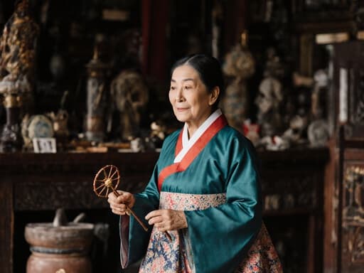 70대 동양인 여성이 전통 한복을 입고 전통 놀이 도구를 들고 우아하게 걸어가는 모습입니다. 그녀의 뒤에는 전통 소품으로 꾸며진 아늑한 카페 내부가 있어 따뜻한 분위기를 자아내며, 평온한 표정과 우아한 의상이 잘 어우러집니다.