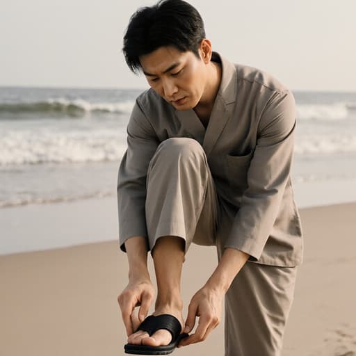 부드러운 파도가 밀려오는 해변을 배경으로 한 30대 아시아계 남성 모델의 반신 사진입니다. 그는 세련된 스파 웨어와 슬리퍼를 착용하고 있으며, 슬리퍼를 신기 위해 발을 들어 올리고 있습니다. 그의 표정은 약간 긴장한 모습으로, 차분한 배경에 깊이를 더해줍니다.
