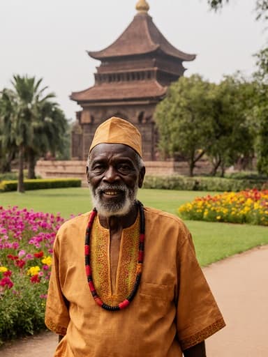 이 이미지는 전통 의상을 입은 70세 아프리카 남성이 아름다운 공원을 걷고 있으며, 고마운 표정을 짓고 있는 모습을 담고 있습니다. 배경의 전통 건축물이 고요한 환경에 문화적 깊이를 더하고 있습니다.