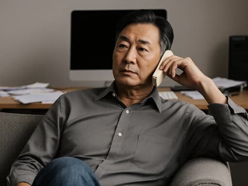 자연스러운 외모를 가진 40대 동양인 남성이 소파에 앉아 있는 반신 샷입니다. 편안한 회색 셔츠와 청바지를 착용하고 있으며, 오른쪽 귀에 전화기를 대고 지루한 표정을 지으며 통화에 집중하지 못하고 있습니다. 배경은 사무실 풍경으로, 컴퓨터와 서류가 놓인 책상이 있어 일상적인 작업 환경을 강조합니다.