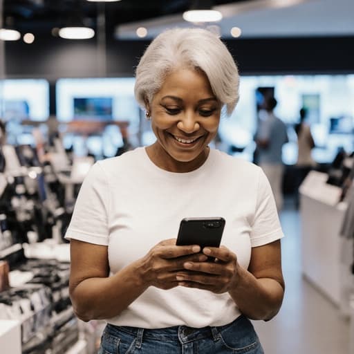 50대 아프리카계 여성의 반신 사진으로, 스마트폰을 바라보며 현대적인 전자매장에서 쇼핑하는 모습입니다. 그녀는 편안한 티셔츠와 청바지를 입고 있으며, 따뜻한 미소로 편안하고 초대하는 분위기를 자아냅니다.