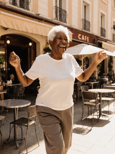 70대 흑인 여성이 햇살이 비치는 카페 테라스에서 편안한 티셔츠와 여유로운 바지를 입고 느긋하게 춤추고 있습니다. 행복한 표정이 따뜻함을 전하며, 주변에는 테이블과 의자가 있어 생기 있는 분위기를 만들어냅니다.