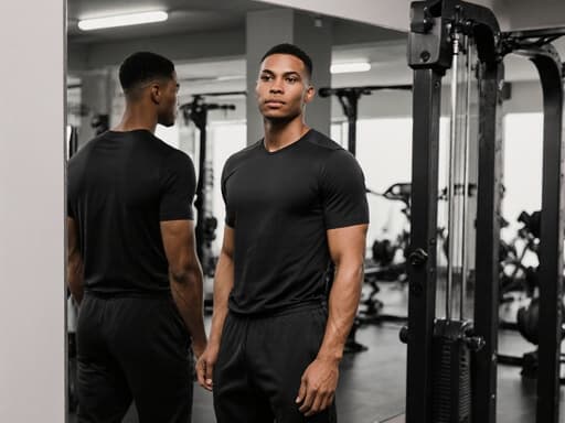 건강하고 활기찬 혼혈 남성이 10대 후반의 모습으로 반신 촬영을 하고 있으며, 기능성이 강조된 티셔츠와 조거 팬츠를 입고 거울을 보며 자신을 점검하고 있습니다. 다양한 운동 기구가 배치된 현대적인 피트니스 스튜디오에서 촬영된 이 이미지에서 그의 표정은 자신감과 고급스러움을 동시에 전달하며, 활기찬 라이프스타일의 정수를 잘 표현하고 있습니다.
