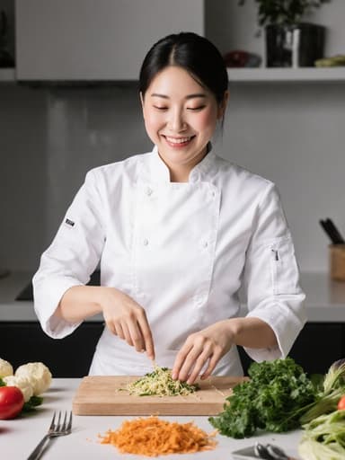 20대 한국인 여성으로, 깔끔한 흰색 요리사 복장을 입고 반신을 담은 모습입니다. 그녀는 편안하고 행복한 표정을 지으며 현대적인 주방에서 재료를 준비하고 있습니다. 주방은 다양한 조리 도구와 잘 정리된 재료들로 가득 차 있어 밝고 즐거운 분위기를 자아냅니다.