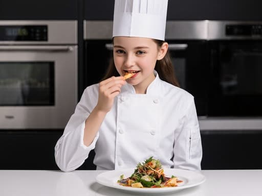 10대 초반의 유럽계 여성 셰프가 흰색 조리복과 모자를 입고 반신샷으로 촬영되었습니다. 그녀는 조리된 음식을 한 입 먹으려는 자세로 고급스러운 표정을 지으며 만족감을 드러내고 있으며, 세련된 주방과 오븐이 배경을 이루어 장면을 더욱 돋보이게 합니다.