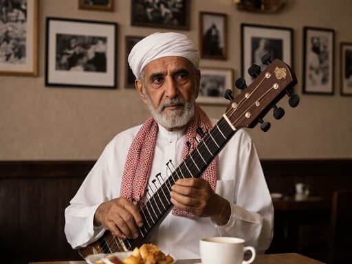 70대 중동계 남성이 전통 의상을 입고 화려한 스카프를 두른 채, 아늑한 카페에서 전통 악기를 연주할 준비를 하며 몸을 살짝 앞으로 기울이고 있다. 카페 내부는 음악 관련 사진들로 장식되어 있으며, 커피와 간식이 놓인 테이블이 있어 따뜻한 분위기를 자아내며 문화적 풍요로움을 강조한다.