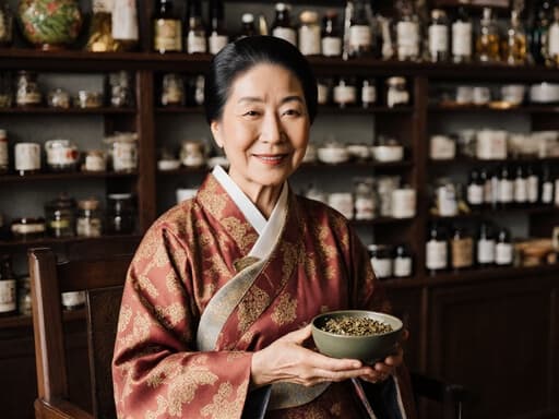 60대 아시아계 여성이 전통 한복을 입고 전통 한의원에 앉아 있으며, 손에는 약초가 담긴 작은 그릇을 들고 있습니다. 배경에는 잘 정돈된 한약재들이 있어 전통 한의학의 진정한 분위기를 더해줍니다.