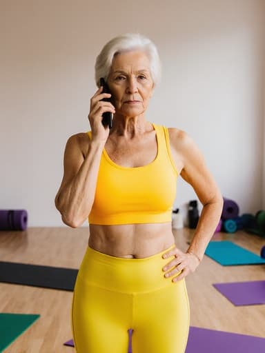 60대 유럽계 여성이 밝은 색상의 요가복을 입고 한 손으로 전화를 들고 다른 손은 허리에 얹고 있는 모습의 반신 사진. 요가 매트와 소품이 있는 편안한 요가실에서 촬영되어, 여유롭고 자신감 넘치는 느낌을 전달합니다.