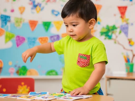 밝은 색상의 티셔츠와 반바지를 입고 있는 발랄한 3세 남성 라틴계 아동이 알파벳 카드에 손을 대고 춤을 추는 듯한 자세로, 호기심 가득한 표정을 짓고 있는 모습의 반신 사진과 함께 알파벳 학습을 위한 아기자기한 교실 배경이 어우러져 있다.