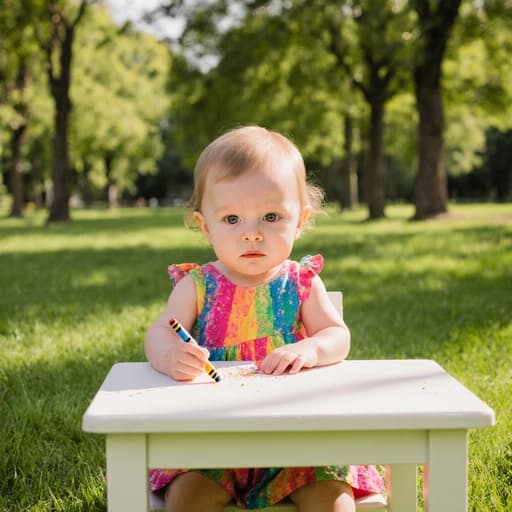 푸르른 공원에 작은 테이블에 앉아 있는 1세 백인 여성 아기. 밝은 색상의 원피스를 입고 크레용을 쥐고 있으며 지루한 표정을 짓고 있다. 주변의 생기 있는 환경과 대조를 이루는 모습이다.