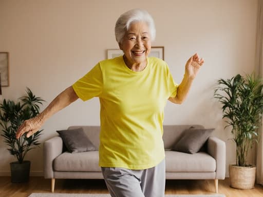 여유로운 70대 동양인 여성이 아늑한 거실에서 춤추고 있는 반신 사진으로, 밝은 운동복을 입고 있습니다. 자연스러운 외모와 편안한 표정을 지으며 따뜻하고 초대하는 분위기를 만들어냅니다.