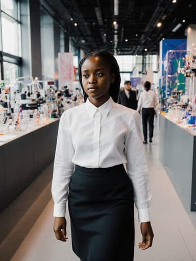 10대 초반의 아프리카계 여성 소녀가 세련된 블라우스와 스커트를 입고, 과학관의 현대적인 전시 공간으로 걸어가며 긴장한 표정을 짓고 있다. 자연스러운 조명이 그녀의 외모와 주변의 생기 넘치는 분위기를 강조한다.