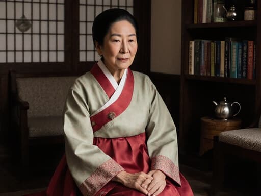 이 이미지는 60대 동양인 여성의 반신 샷을 담고 있으며, 전통적인 한복을 입고 바닥에 앉아 무관심한 표정을 짓고 있습니다. 주변은 한의원 대기실의 아늑한 분위기로, 한의학 관련 책과 차 주전자가 놓여 있어 고요한 순간을 반영합니다.
