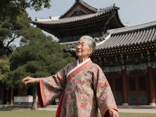 70대 혼혈 여성의 매력적인 반신 사진으로, 전통 한국 의상을 입고 무관심한 듯 포즈를 취하며 근처의 전통 건축물을 바라보는 모습이 아름다운 공원에서 촬영되었습니다.