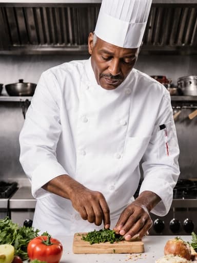 이 이미지는 60대 혼혈 남성 셰프가 전통적인 흰색 조리복과 조리모를 착용하고 차분한 모습으로 신선한 재료를 다루고 있는 모습을 보여줍니다. 깔끔한 주방 조리대에서 조리 도구와 다양한 재료들이 배치된 가운데, 요리를 하며 리드미컬하게 움직이는 모습이 따뜻하고 초대하는 주방의 분위기를 자아냅니다.