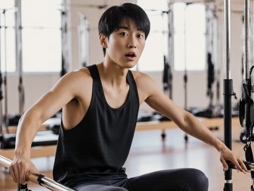 이미지는 편안한 운동복을 입은 동양인 남성 청소년이 필라테스 기구에 앉아 놀란 표정을 짓고 있는 모습입니다. 그는 팔을 앞으로 뻗어 운동을 시작할 준비를 하고 있으며, 밝고 다양한 필라테스 기구가 배치된 스튜디오 배경에서 촬영되었습니다.