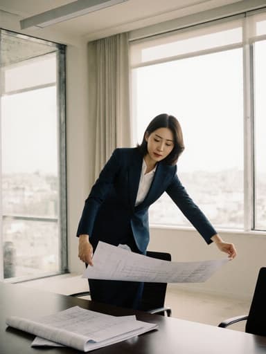 40대의 자신감 있는 한국인 여성은 스마트한 비즈니스 정장과 운동화를 착용하고, 도면을 들고 스트레칭을 하며, 자연광이 들어오는 현대적인 회의실에서 일하고 있습니다. 매력적이고 자신감 있는 표정은 그녀의 전문성과 일에 대한 열정을 보여줍니다.