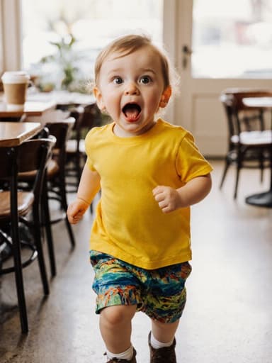 밝은 색의 티셔츠와 반바지를 입은 귀여운 3세 백인 남자아이가 카페의 아늑한 실내에서 친구를 찾으며 뛰고 있는 모습으로, 배고픈 표정을 지으며 테이블과 커피잔이 놓인 환경에서 놀고 있는 장면을 담고 있습니다.