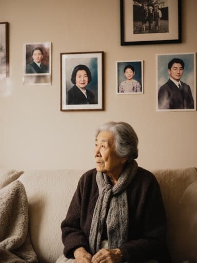 80대 한국인 여성의 반신 사진, 편안한 홈웨어를 입고 바닥에 앉아 무관심한 표정으로 거실 벽에 걸려 있는 가족 사진을 바라보며 따뜻하고 향수를 불러일으키는 분위기를 연출합니다.