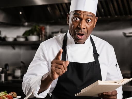 60대 흑인 남성 셰프의 놀란 표정의 반신 사진으로, 흰색 셔츠와 검정색 조리복을 입고 있으며, 한 손으로 레시피 노트를 들고 다른 손으로 주방 도구를 쥐고 노트를 가리키고 있습니다. 배경에는 다양한 조리 기구와 재료가 정돈된 고급 레스토랑의 주방이 있어, 역동적이고 열정적인 요리 장면을 연출합니다.