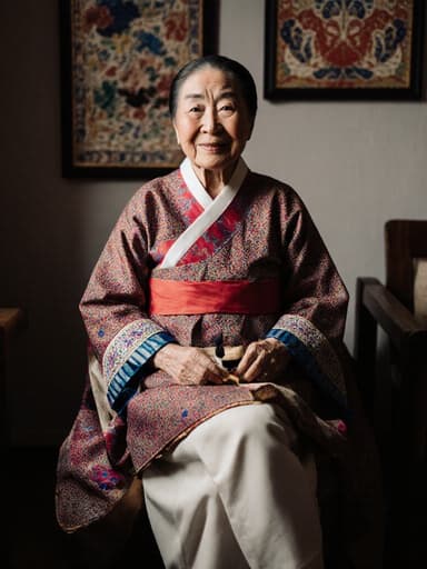 전통 한복을 입은 80세 백인 여성의 따뜻한 반신 이미지로, 편안하게 앉아 공예 도구를 들고 부드러운 미소를 짓고 있는 모습이 아늑한 거실에서 전통 공예 작품으로 둘러싸여 있습니다.