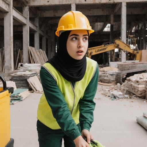 10대 초반의 중동계 소녀가 작업복과 안전 헬멧을 착용하고 청소 도구를 들고 약간 당황한 표정으로 주변을 바라보며 청소하는 자세를 취하고 있습니다. 다양한 건축 자재와 공사 장비가 있는 바쁜 건축 현장에서 포즈를 취하고 있어, 일하는 환경에서의 젊음과 책임감의 주제를 강조합니다.