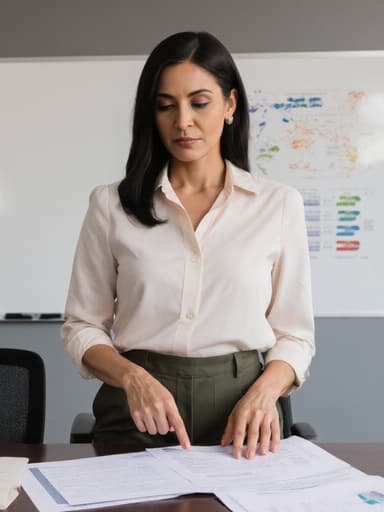 40대 라틴계 여성이 비즈니스 캐주얼 복장을 하고, 현대적인 사무실 환경에서 회의 자료를 검토하며 집중하는 차가운 표정을 짓고 있는 반신 촬영.