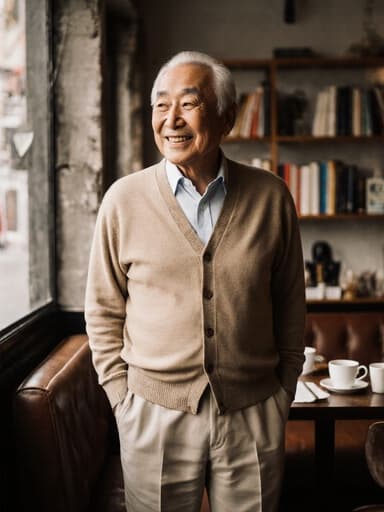 아늑한 카페에서 커피잔과 책이 놓인 테이블 옆에 서 있는 80대 아시아계 남성의 반신 사진으로, 따뜻하고 친근한 표정을 지으며 편안한 카디건과 바지를 착용하고 있습니다. 배경은 매력적인 카페의 내부로, 친근한 분위기를 더해 줍니다.