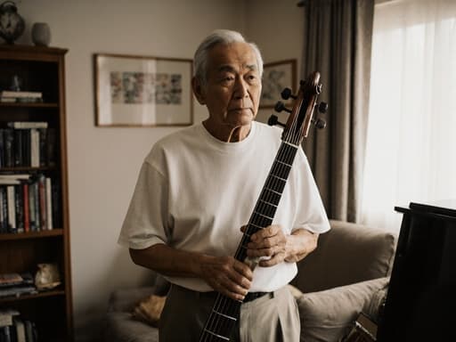 70대 아시아계 남성이 아늑한 거실에서 티셔츠와 바지를 입고 서 있습니다. 그는 악기를 들고 무관심한 표정으로 바라보며, 소파와 책장이 있는 따뜻한 분위기 속에 있습니다.