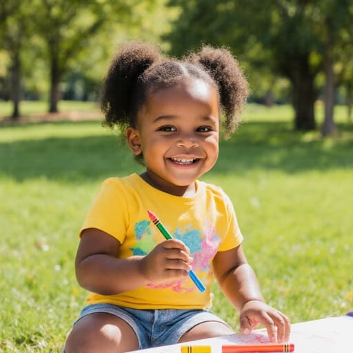 밝은 색상의 옷을 입은 즐거운 1세 흑인 소녀가 작은 크레용으로 공원에서 그림을 그리고 있는 모습, 푸른 잔디와 나무들로 둘러싸여 창의력과 놀이의 정신을 잘 표현하고 있습니다.