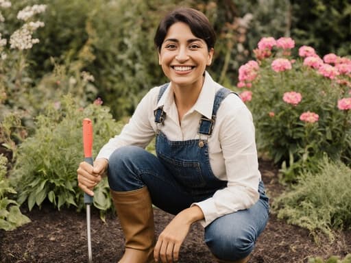 30대 라틴계 여성 모델이 편안한 작업복과 장화를 입고 정원 도구를 들고 아름답게 꾸며진 정원에서 활기차게 웃고 있습니다. 무성한 녹색 식물과 다채로운 꽃들이 어우러져 평화롭고 조화로운 분위기를 자아내며 그녀의 정원에 대한 열정을 반영합니다.