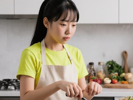 10대 초반의 아시아계 소녀가 밝은 색의 티셔츠와 주방용 앞치마를 입고 현대적인 주방에서 서 있습니다. 그녀는 요리 도구를 들고 긴장한 표정으로 요리를 준비하고 있으며, 조리대 뒤에는 정돈된 재료들이 보입니다.