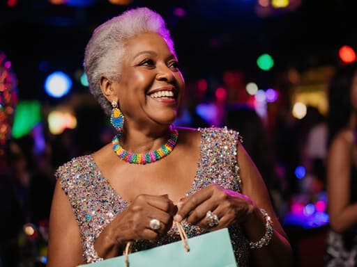 50대 자연스러운 외모의 흑인 여성이 화려한 생일 파티 의상과 컬러풀한 액세서리를 착용하고 있는 반신 사진입니다. 쇼핑백을 여유롭게 들고 주변을 바라보며 즐거운 표정을 지으며, 다채로운 조명과 장식으로 가득한 클럽의 생동감 넘치는 분위기를 담고 있습니다. 그녀의 표정은 평온하고 즐거워, 축하의 순간의 본질을 완벽하게 포착하고 있습니다.