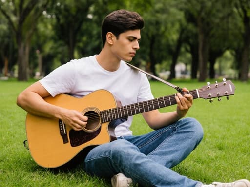 이 이미지는 10대 후반의 자신감 넘치는 라틴계 남성이 편안한 티셔츠와 청바지를 입고 있는 모습을 담고 있습니다. 그는 평화로운 공원에서 잔디에 앉아 기타를 어깨에 메고, 자연스럽게 기타를 튕기고 있습니다. 푸른 잔디와 나무들이 어우러져 편안하고 자신감 넘치는 분위기를 강조합니다.