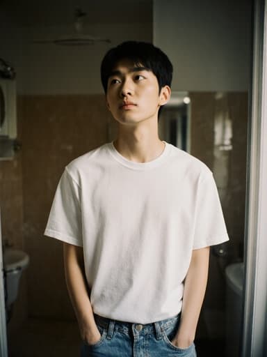 아늑한 욕실에서 서 있는 10대 후반 아시아계 남성의 전신 사진으로, 캐주얼한 티셔츠와 청바지를 입고 손은 주머니에 넣고 주위를 살펴보며 약간 당황한 표정을 짓고 있습니다. 부드러운 조명과 아늑한 분위기가 여행의 느낌을 강조합니다.