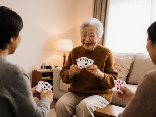 70대 아시아계 여성의 반신 상반신 사진으로, 카드 게임에서 승리를 축하하며 자연스러운 표정을 짓고 있다. 따뜻한 색상의 니트 스웨터와 편안한 면 바지를 착용하고 카드들을 손에 들고 있다. 아늑한 거실은 소파와 커피 테이블로 꾸며져 있으며 부드럽게 조명이 비춰져 순간의 초대형 분위기를 더하고 있다.
